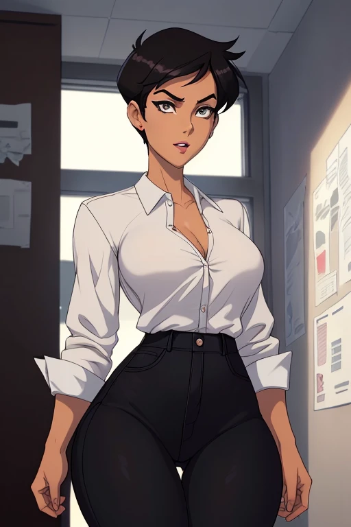 ((ultra quality)), ((masterpiece)), Lois Lane, short stature, ((black short hair tomboy hairstyle)), (Beautiful face), (beautiful female lips), (), charming, ((sexy facial expression)), looks at the camera, eyes slightly open, (light skin color), (light sk...