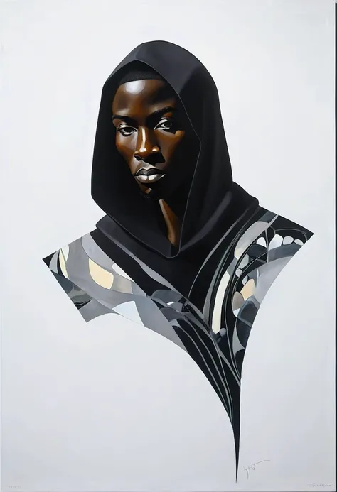 A dark-toned african figurative painting of a male figure, blending abstract and realism. The male figure is partially cloaked in shadows, with light softly illuminating parts of his form. Abstract shapes and patterns surround him, merging with his figure,...