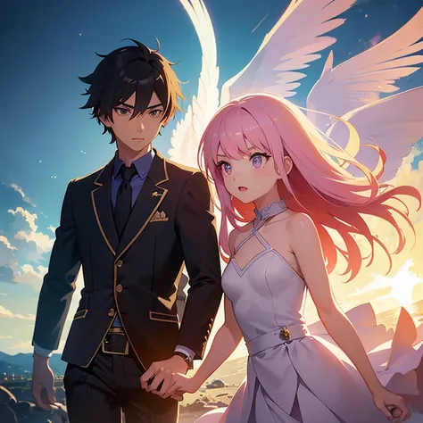  Anime couples walk through a science-fiction city full of parties and debauchery..  A girl up to the waist ,  with white hair and golden pupils ,  leads to a man with medium hair ..  Behind them emerge shadows of dragons and phoenixes .. close-up perspect...