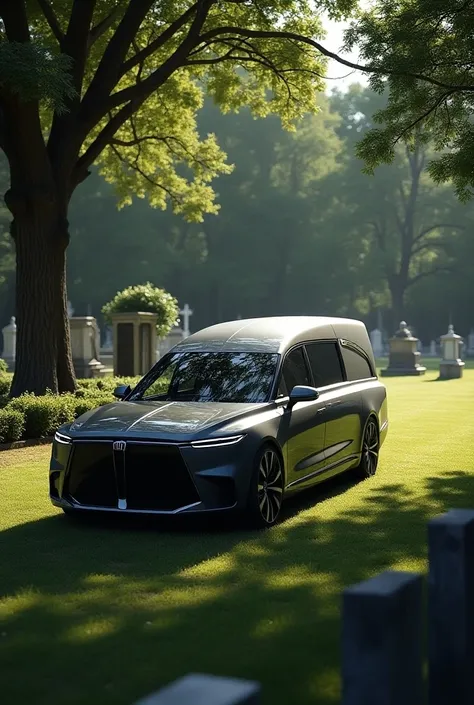 Grey modern hearse driving through cemetary full view photorealistic1.2