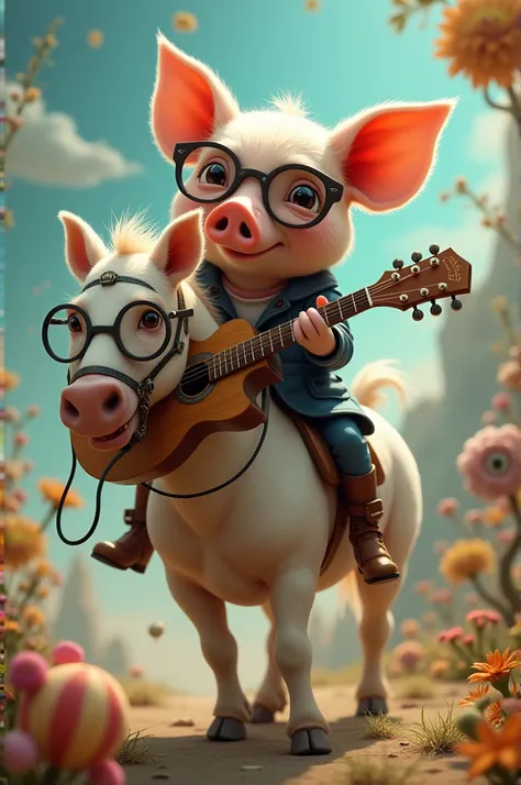 A pig playing the guitar riding a spectacled horse