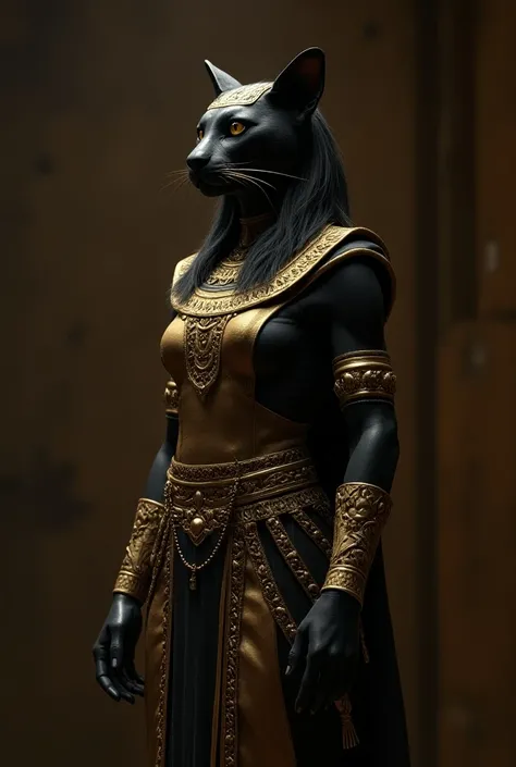  with the head of a lioness, Dressed, scary, noble, and the pretentious , standing in the room,  Egyptian goddess Bastet with hieroglyphics , close-up