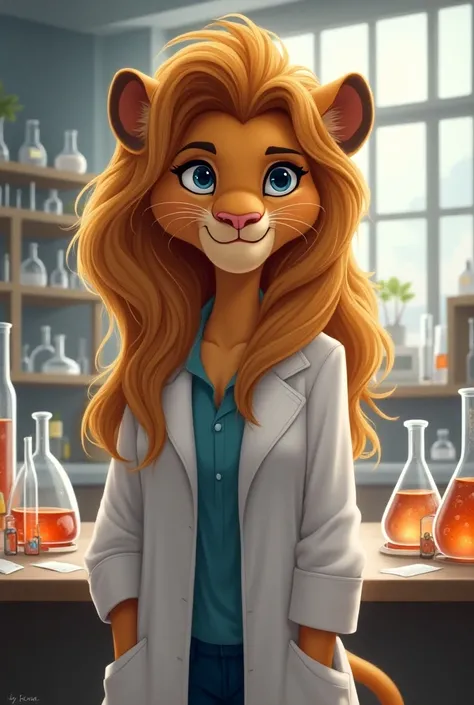 Female Lione Nala with blue gray eyes and dark blond hair chemistry teacher 