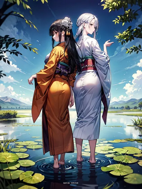 sfw, masterpiece,  High Resolution ,  full body standing picture depicting an anatomically correct ,  very detailed,  ultra-fine, (Manga cover illustration ), (( a woman in a kimono with black hair and a high school girl with silver hair stand back to back...