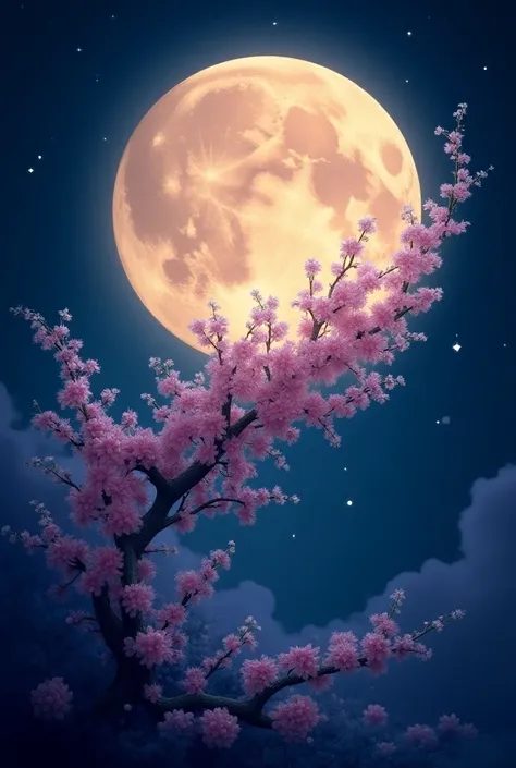 Create the extraordinarily full moon with pink blue flowers