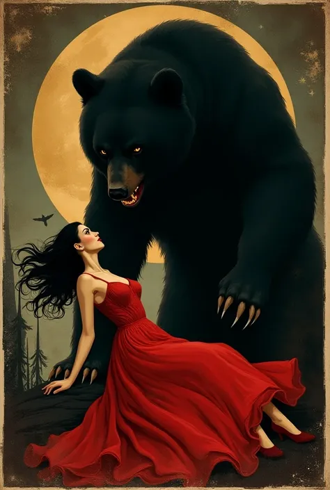 Black Bear Tries to Devour a Woman  ( Melancholic woman , black eyes, black hair,  red dress ) Vintage horror, 1940s, Gothic horror thriller cinematic movie poster, Bauhaus, forms, , abstract, propaganda, Gothic, movie poster.
