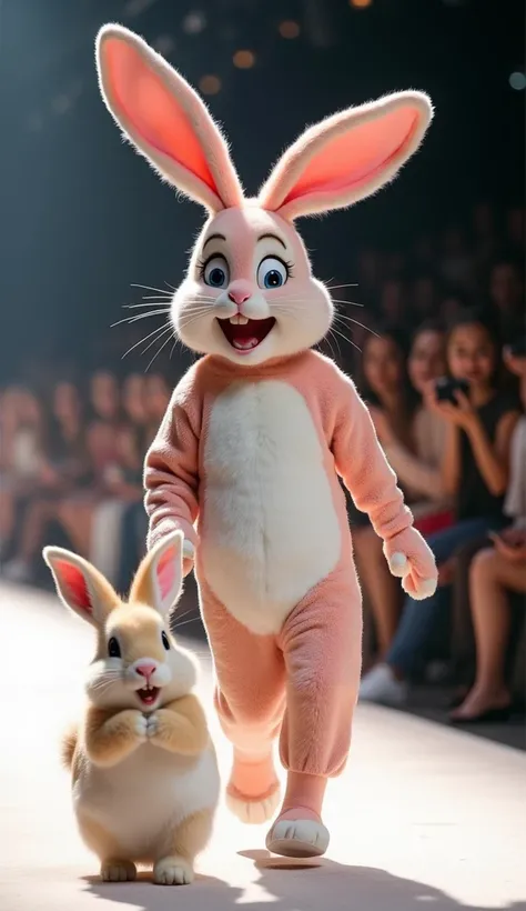 A smiling  dressed as a bunny walks down the catwalk with a giant real bunny, posing for photos with a blurred audience in the background, while the bunnys ears move happily.