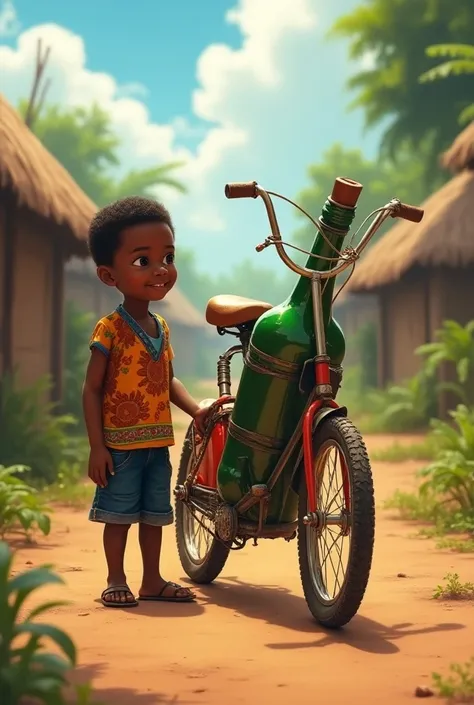 A bottle bike next to a black boy in an African village