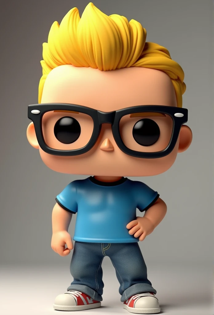  Cartoon character of a Jonny Bravo with nerd glasses and blue shirt, animation character, funko character ,  funko pop style animation , Stylized 3D,  Representation of Jonny Bravo , 3D Character, 3D Character,  stylized 3d rendering , 3d character render...