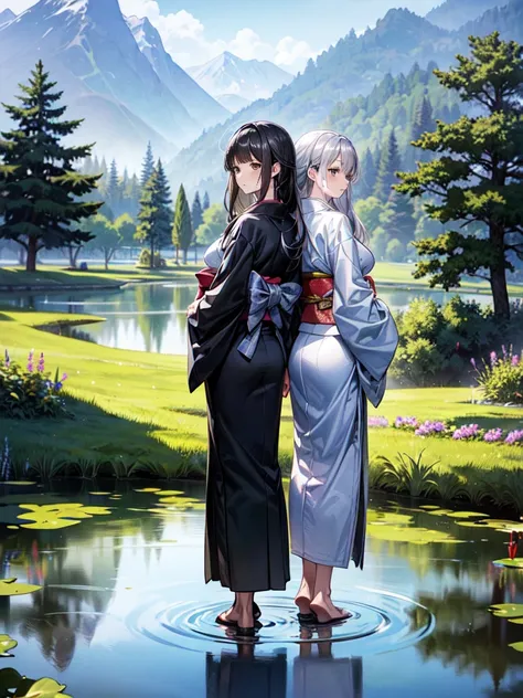 sfw, masterpiece,  High Resolution ,  full body standing picture depicting an anatomically correct ,  very detailed,  ultra-fine, (Manga cover illustration ), (( 2 women, Woman in a kimono with black hair , Back to Back,  silver haired high school girl, Pu...