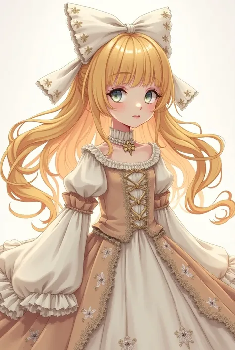 2d ANIME young girl with long blonde hair twisting in circles at the end of them. with big white ribbon on the back of hair. in white dress with a lot of details, in middle ages style. eyes are light white.