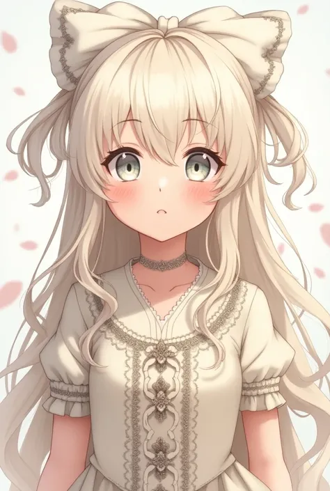 2d ANIME young girl with long blonde, almost white hair twisting in circles at the end of them. with big white ribbon on the back of hair. in white dress with a lot of details, in middle ages style. eyes are light white.