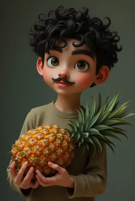 A boy with black curls a little thick thin mustache Turk with pineapple in his hand 