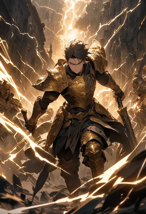 masterpiece, 8k, best quality, highly detailed, a young human male warrior wielding a SHIELD that is made of a yellow metal and surrounded by lightning