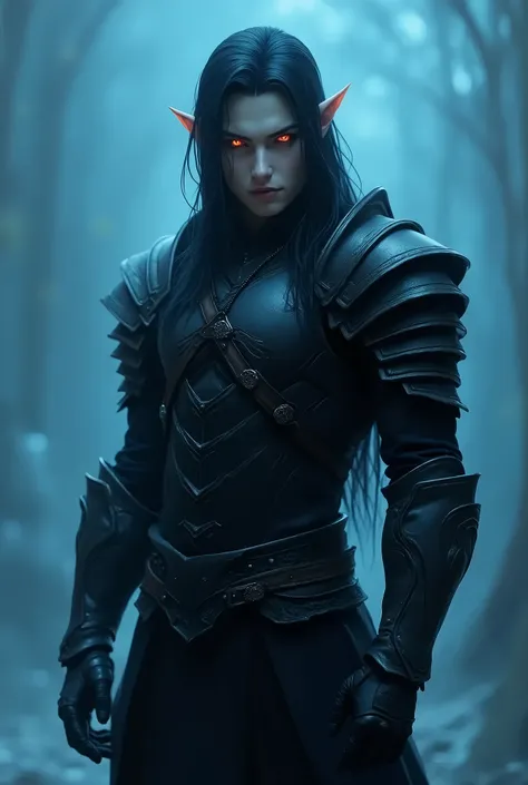 fantasy style, featuring a male elf character with sharp, angular facial features and pale skin. He has long, dark hair and pointed ears, with glowing red eyes that stand out against the cool blue background. The character is dressed in dark, intricately d...