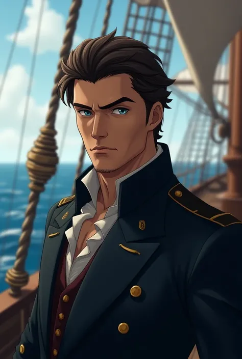 Captain with blue eyes, brown skin, VICTORIAN ERA, de genshin impact