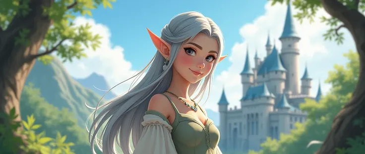 (frieren, pointy ears, elf, earrings, twintails, parted bangs, grey hair, thick eyebrows) stand, smile, a castle in the background