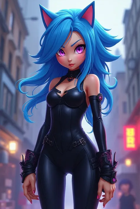  Can you create for me an image of a Sonic character, with light blue hair her eyes are purple  ,  she wears a black bodysuit and black heels with details and she has her hair down 