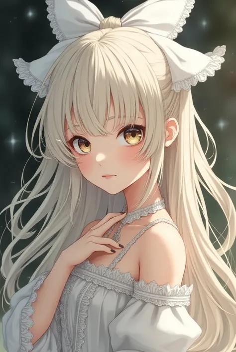 2d ANIME young girl with long straight blonde, almost white hair twisting in circles at the end of them. with big white ribbon on the back of hair. in white dress with a lot of details, in middle ages style. eyes are light white. eyes are cold and serious.