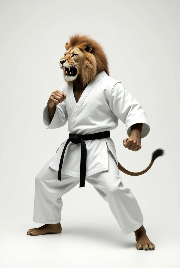 Lion in all-white karate kimono and black belt in fighting position