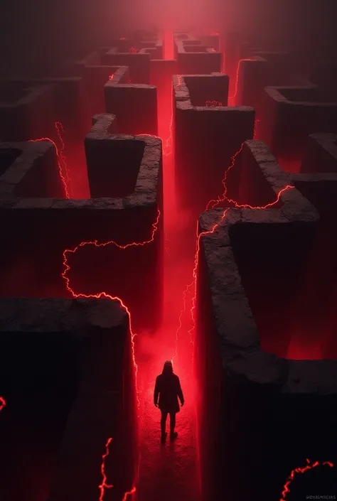 Create a dark maze with a faint red light and that maze is made of energy