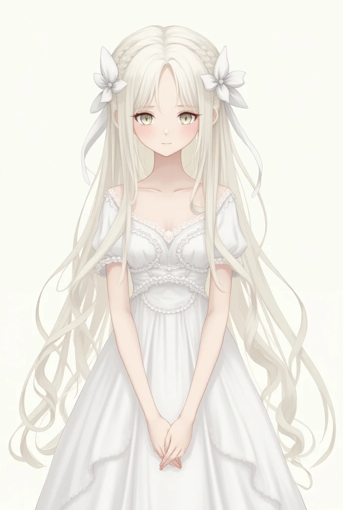 2d ANIME young girl with long straight blonde, almost white hair twisting in circles at the end of them. with big white ribbon on the back of hair. in white dress with a lot of details, in middle ages style. eyes are light white. eyes are cold and serious....