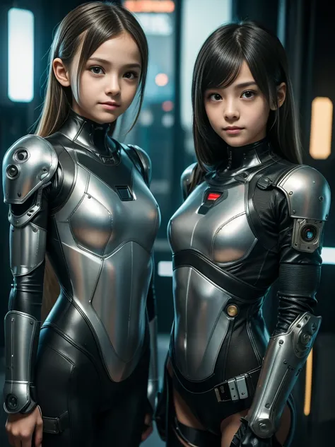 high quality, ​realistic masterpiece, two close friends, Beautiful tween girls, small skinny girls, cute girl face, cyberpunk, Wearing futuristic robotic tactical shear armor cyberpunk suit with cutouts showing torso, skinny athletic body, innocent, playfu...