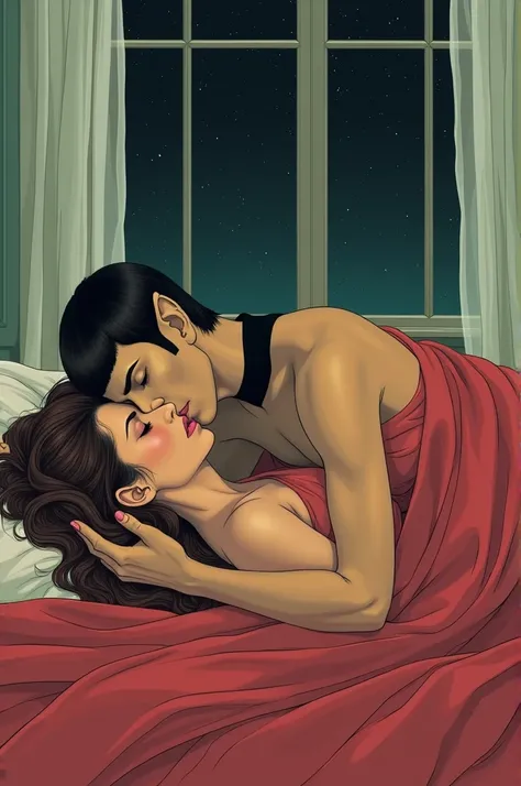 Spock from Star Trek with his eyes closed and pointy ears sleeping without clothes with his wife with curly hair, long brown eyes closed without clothes and lying on Spocks chest., She has her beautiful breasts showing off and they are covered with a red s...