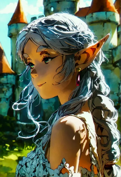 (frieren, pointy ears, elf, earrings, twintails, parted bangs, grey hair, thick eyebrows) stand, smile, a castle in the background