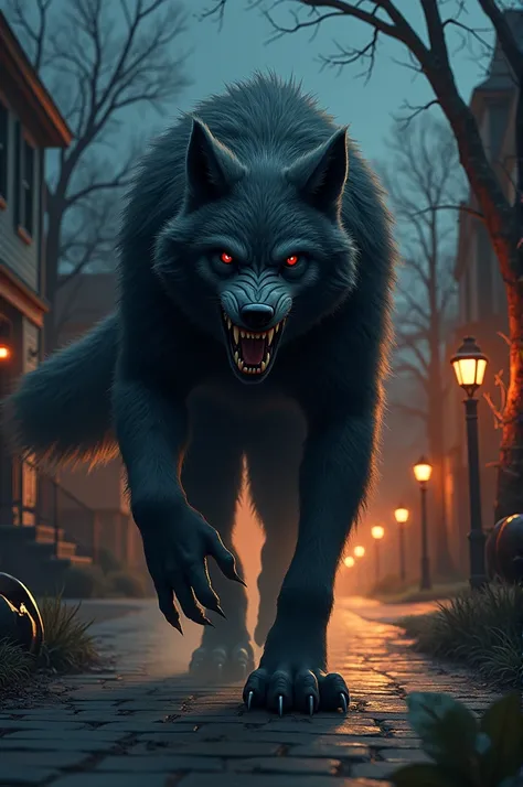 A werewolf wanders a dark street in a residential area on Halloween Eve. Under the streetlights that shine with an orange glow. His massive body covered in thick fur blends into the darkness. Only his blood-red eyes, shining with bloodthirsty rage. His pre...