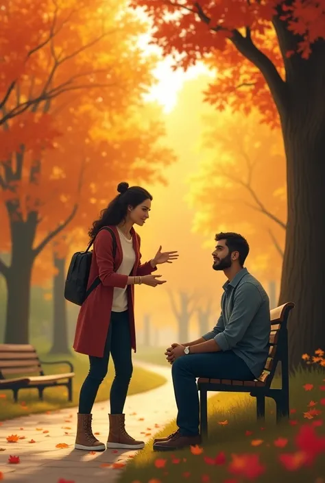 Adult girl motivating an adult boy while  ,  the two of them are sitting in a park with an autumnal biome