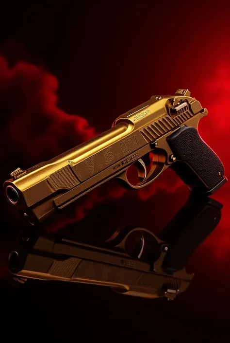 Create an image of a golden gun with the black and red background colors 