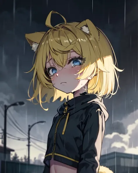 Joy_mlbb,1girl,short hair,blonde,animal ears,tail,midriff,navel, 1 girl, funeral, it is raining heavily, she is standing in the rain, crying, holding back tears, looking down, hair near her face, gray colors, cloudy, sad, melancholy, depression, high resol...