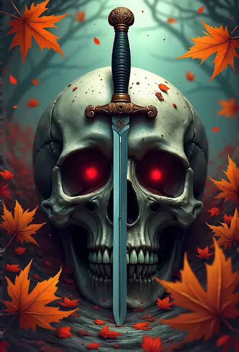 Art By Anne Geddes, a close up of a skull with a dagger in its head, autumn leaves, impacting skull, broken teeth, fantasy skull, spooky full color detailed art, 4k scary full color art, holy skull, psychedelic background conjuration, detailed digital art,...