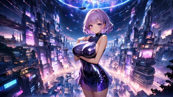 anime,  elaborate CG unit wallpaper ,  super high definition, Beautiful movie lighting,  huge group of buildings pointing to the city ,  finger proportions are adjusted , accurate, anatomically correct, (Full Body Shot: 1.3), (( Cyber City wrapped in purpl...