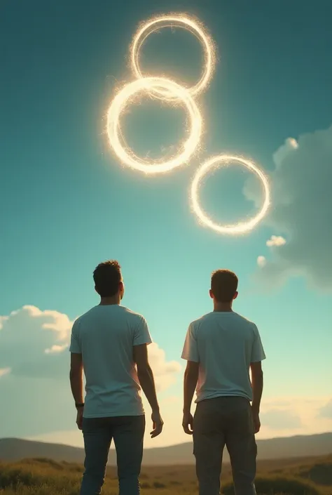 Two men looking at the sky and two rings in the sky  
