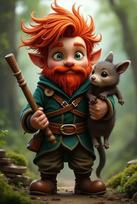 Create the very realistic image of an RPG D character&D a gnome wearing ruffled red hair disheveled upwards with a simple staff a donkey on his side and a weasel on his shoulder green eyes with a goatee