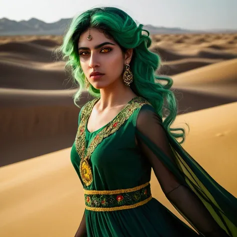  (Persian) girl ,  yellow eyes  , Green hair  , in an elegant long dress  , Mysterious in a Mexican desert l , 