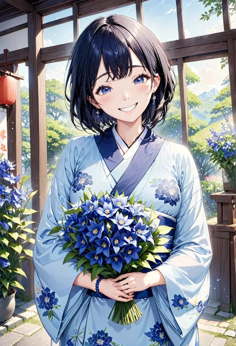 thin、cute、A shrine with a majestic atmosphere   、One Woman、(Kimono with a dark blue flower pattern  :1.5), bracelet, earrings、  Large amounts of light particles spread all over the screen  .、 Long Black Hair , Large Breasts、(((Big smile)))、First Person Vie...