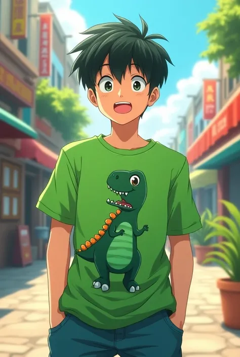 a teenage boy wearing a green dinosaur t-shirt, anime style,