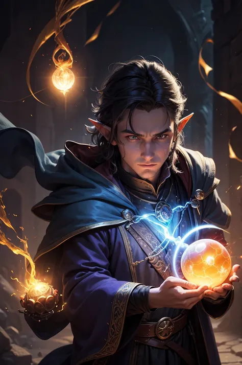 a man holding a glowing ball in his hand, portrait of a mage, an arcane wizard casting a spell, evil male sorcerer, fantasy mage, spell casting wizard, closeup portrait of an mage, he is casting a lighting spell, kaladin stormblessed, portrait of a young e...