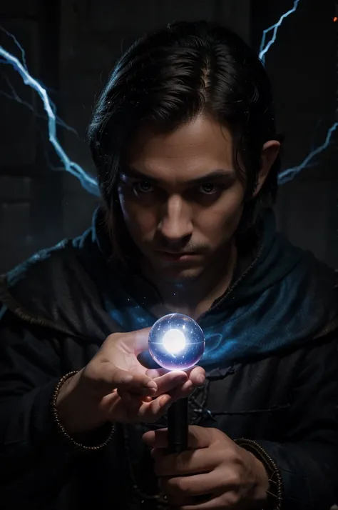 a man holding a glowing ball in his hand, portrait of a mage, an arcane wizard casting a spell, evil male sorcerer, fantasy mage, spell casting wizard, closeup portrait of an mage, he is casting a lighting spell, kaladin stormblessed, portrait of a young e...