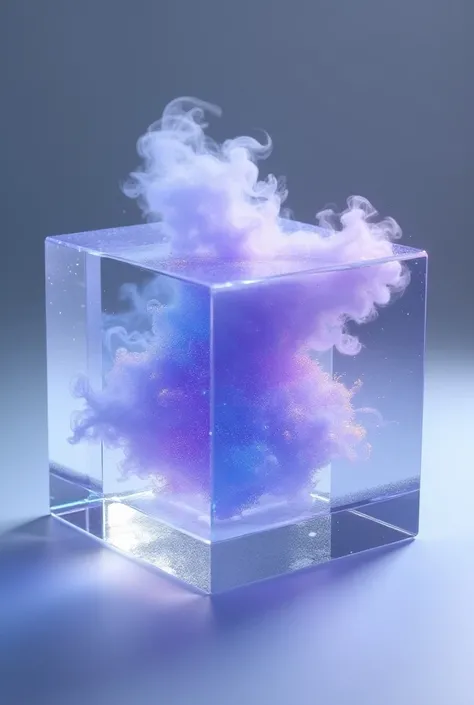 Create me a transparent crystal 3d cube with a transparent purple blue glitter smoke inside 