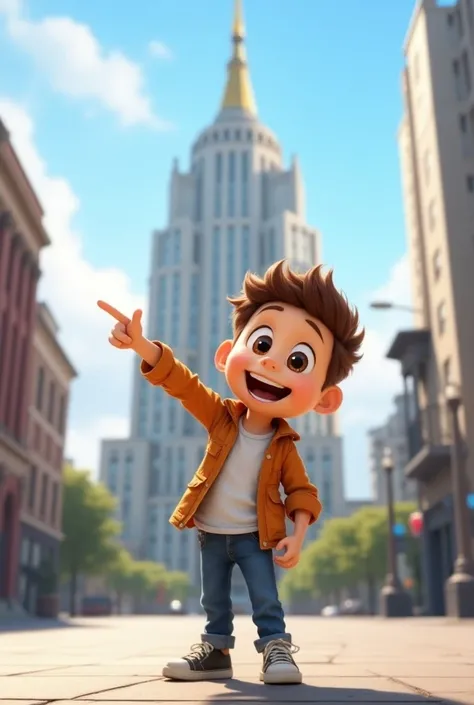 Animated  boy pointing to a building 

