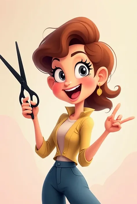 A woman with black scissors while smiling in animated style 