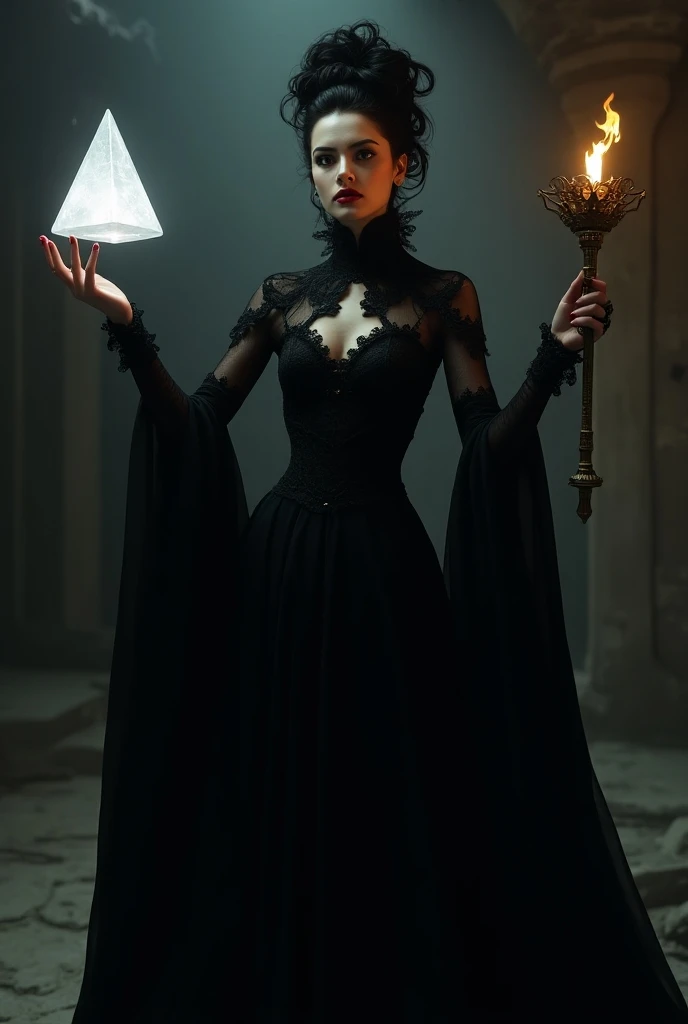 A gothic woman holding a crystal tethraedron and a torch