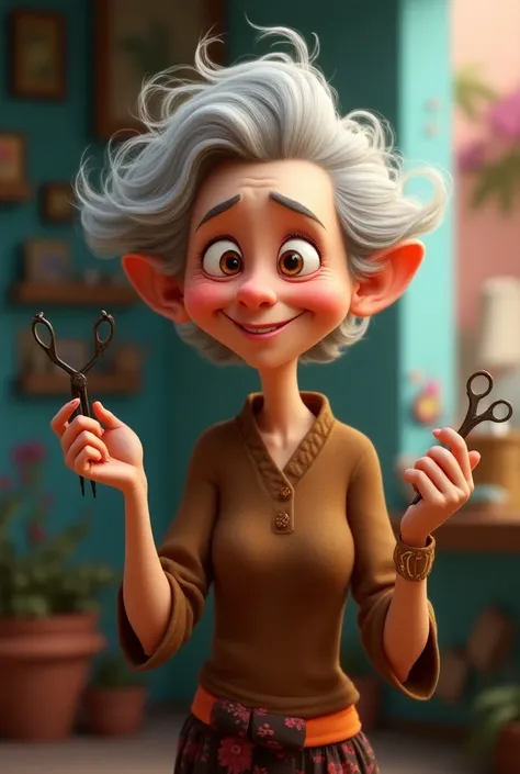 An older woman with black scissors while smiling in animated style 