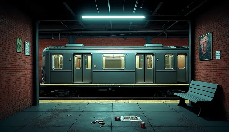  Make an image of the scenery of a subway station platform,  with the tunnel wall made of dark red bricks .  An empty 1990 subway , with closed doors . Old subway ,  old and old place . dust on the ground,  old newspaper flying .  Soda can on the floor .  ...