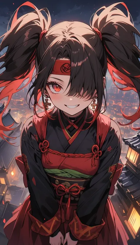 Beauty、smile、 twin tails、Hair Over One Eye 、Forehead、headband、Reckless attitude、Evil look、warrior、samurai、Hold the sword、Neon city at night、Japanese Castle、rooftop、Overlooking the city、Photograph the whole body