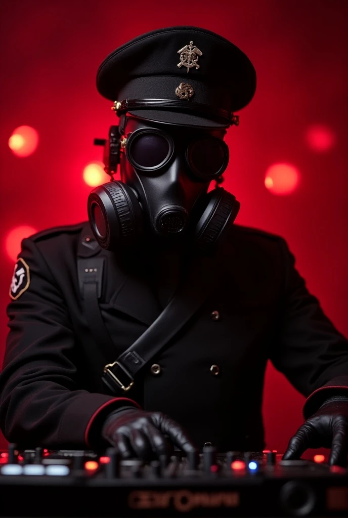  A DJ with a gas mask with black visors in a black Nazi military uniform with leather gloves with a harness on the chest with a red armband on the left arm without any symbol, with a bdsm emblem on the hat with a DENON DJ PRIME 2 mixer console Controller  ...